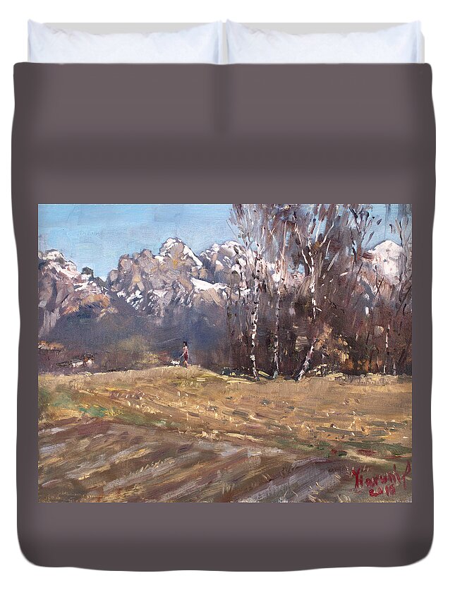 Dolomites Duvet Cover featuring the painting Dolomites and a Lady with a Little Dog by Ylli Haruni