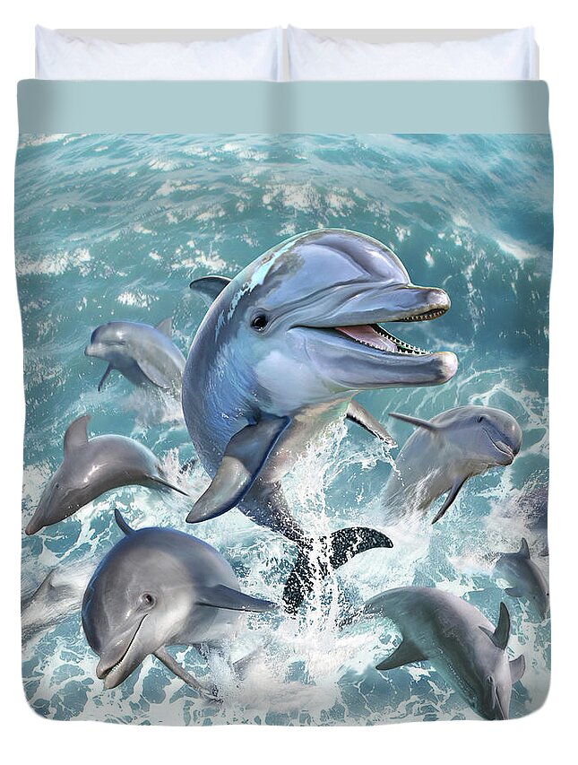 Dolphin Duvet Cover featuring the digital art Dolphin Jump by Jerry LoFaro
