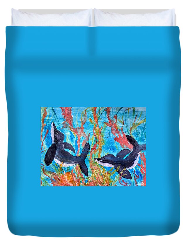 Dolphins Duvet Cover featuring the painting Dolphin Playground by Anne Sands