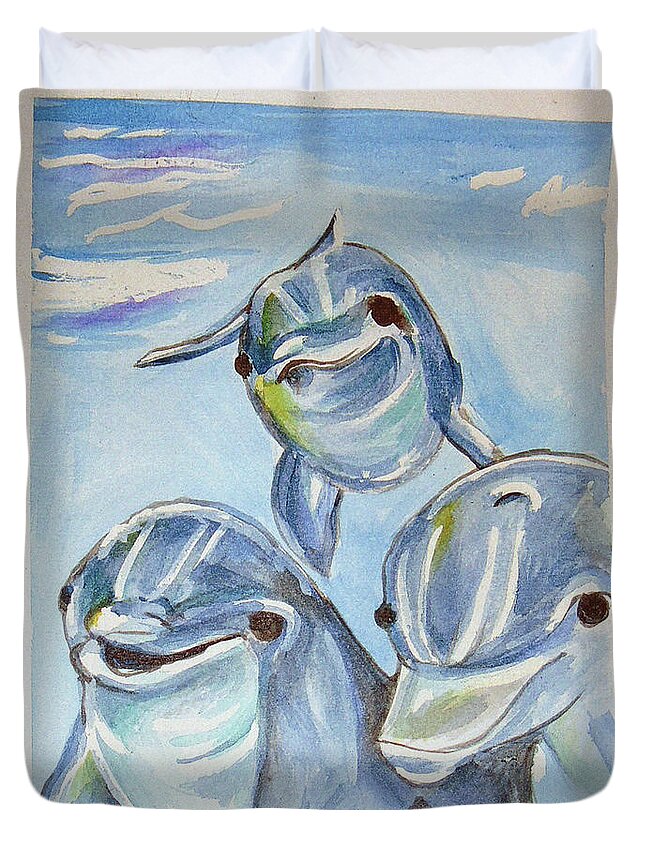  Duvet Cover featuring the painting Dolphins by Loretta Nash