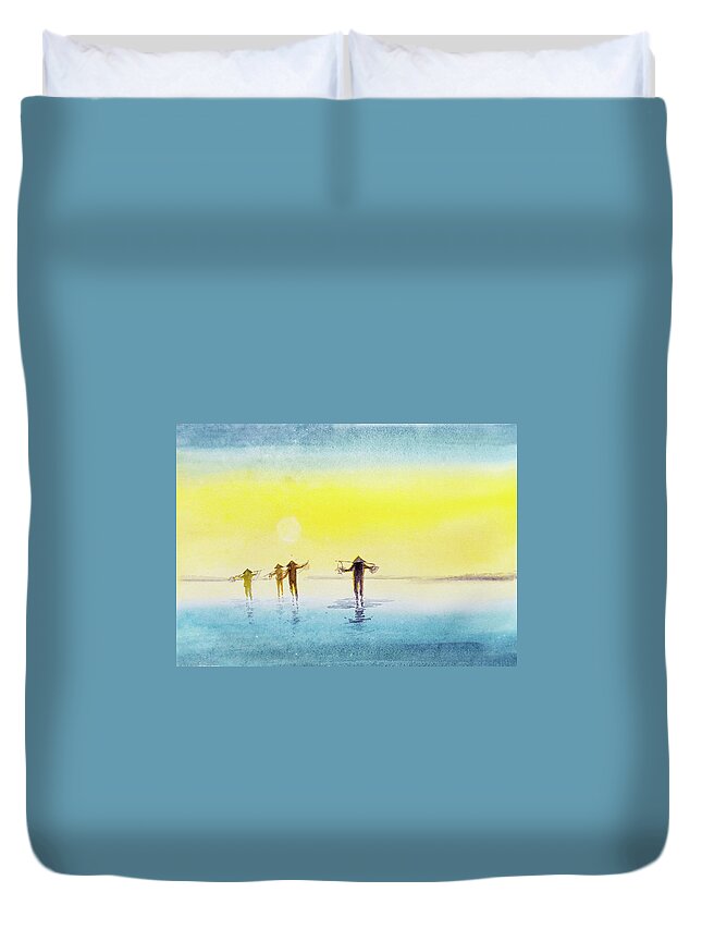 Fishing Duvet Cover featuring the painting Done for the day. by Asha Sudhaker Shenoy
