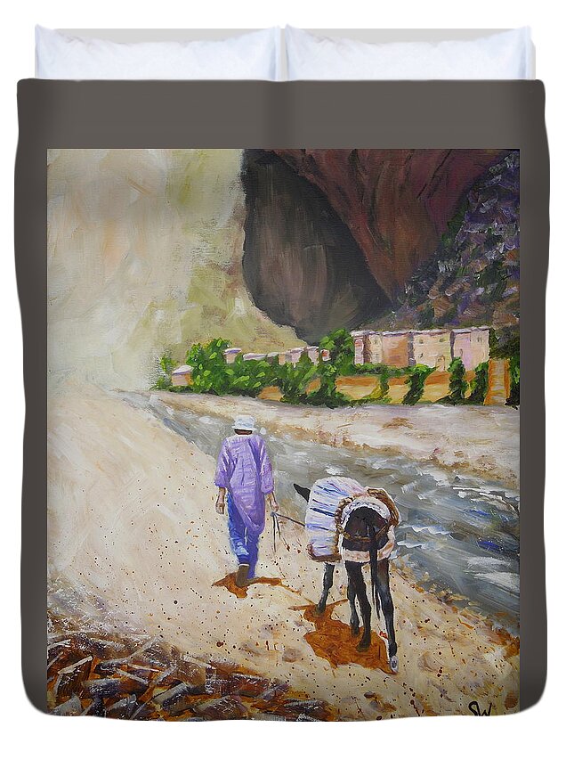 Art Duvet Cover featuring the painting Donkey Work by Shirley Wellstead