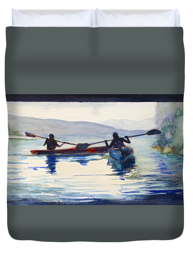 Donner Duvet Cover featuring the painting Donner Lake Kayaks by Rick Mosher