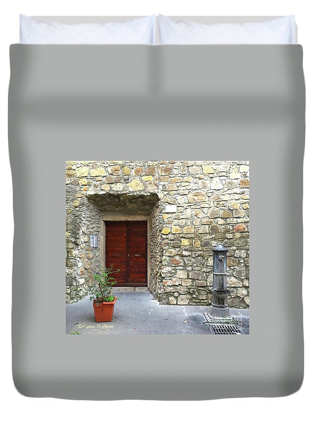 Cityscape Duvet Cover featuring the photograph Door and Fountain in Anzio Italy by Italian Art
