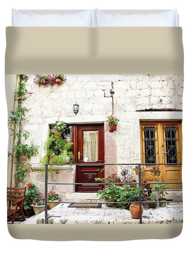 Kotor Duvet Cover featuring the photograph Doors on Kotor Porch by Darryl Brooks