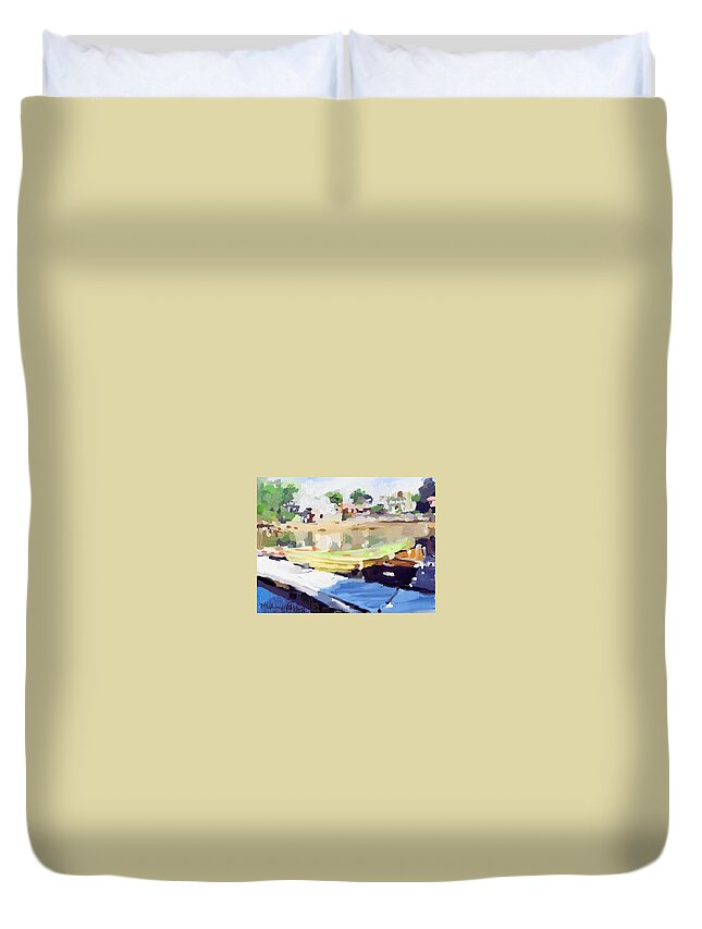  Duvet Cover featuring the painting Dories at Beacon Marine Basin by Melissa Abbott