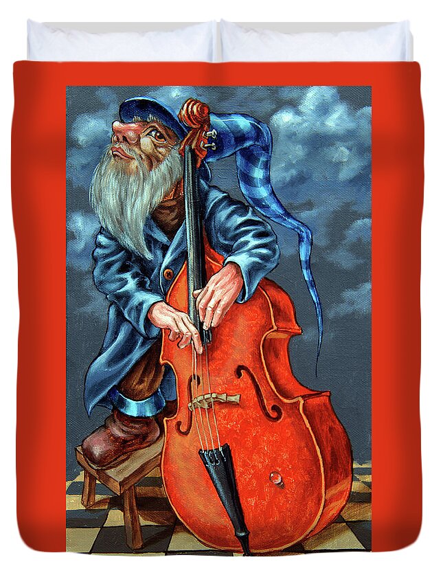 Music Duvet Cover featuring the painting Double bass and bench by Victor Molev