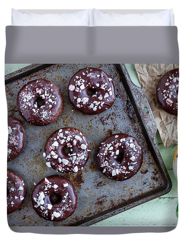 Christmas Breakfast Duvet Cover featuring the photograph Double Chocolate Peppermint Iced Donuts by Teri Virbickis