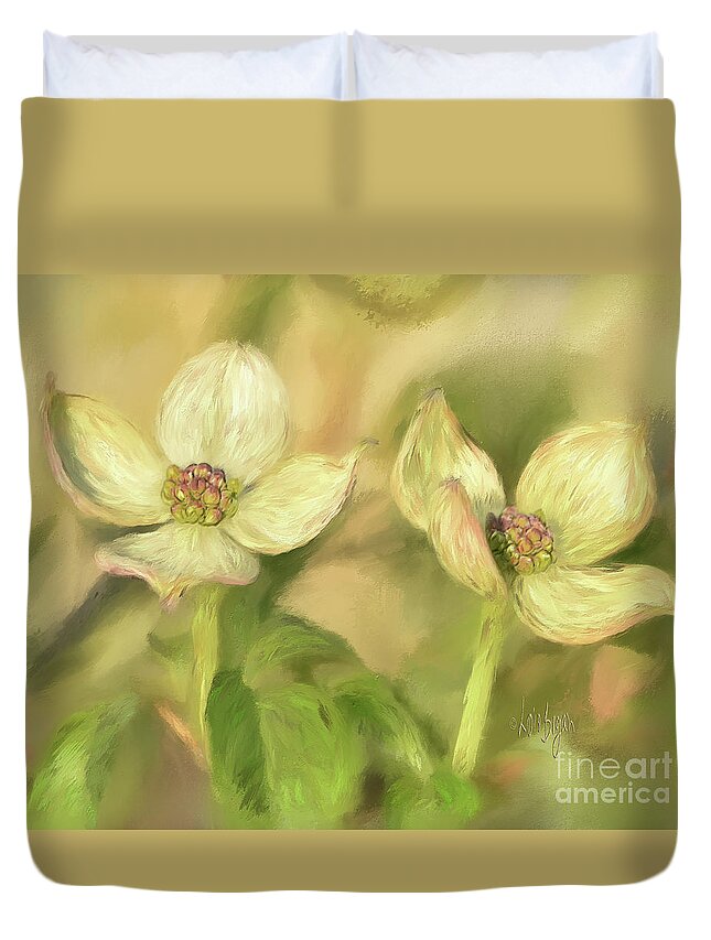 Dogwood Duvet Cover featuring the digital art Double Dogwood Blossoms In Evening Light by Lois Bryan