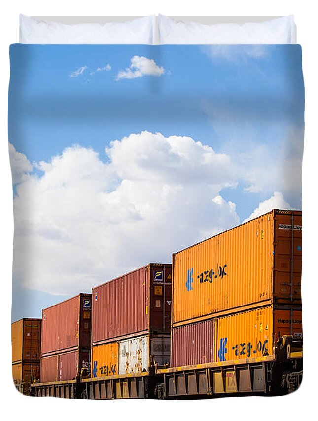 Hapag-lloyd Duvet Cover featuring the photograph Double-Stacked Intermodal Containers by SR Green