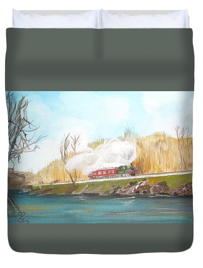 Steam Train Duvet Cover featuring the painting Down by the river side by Carole Robins