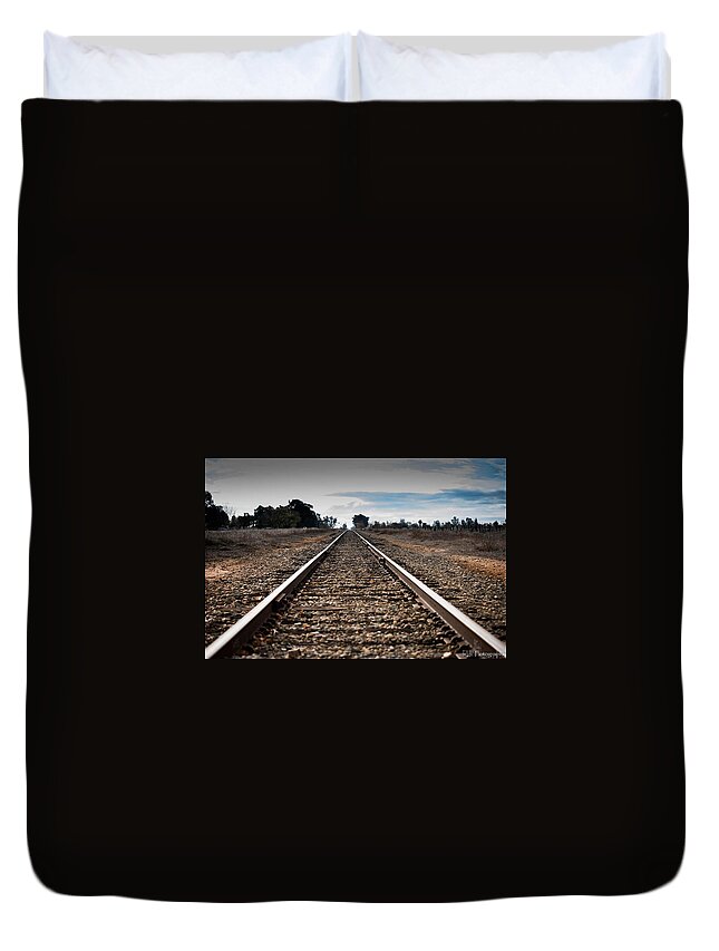 Twin Cities Road Duvet Cover featuring the photograph Down the Track by Wendy Carrington