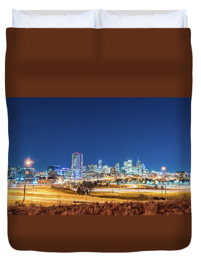 Denver Duvet Cover featuring the photograph Downtown Denver Under the stars by Greg Wyatt