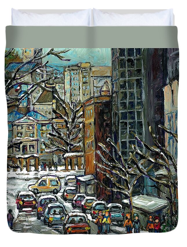 Mcgill University Duvet Cover featuring the painting Downtown Montreal Memories Winter City Scene Mcgill Paintings Canadian Art Carole Spandau      by Carole Spandau