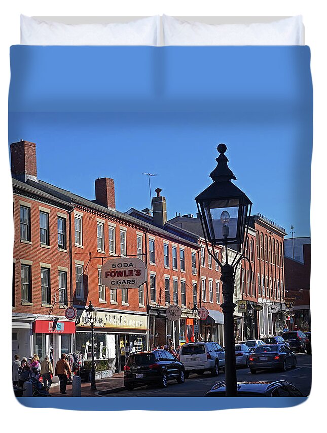 Newburyport Duvet Cover featuring the photograph Downtown Newburyport Market Street Soda Fowle's cigar sign by Toby McGuire