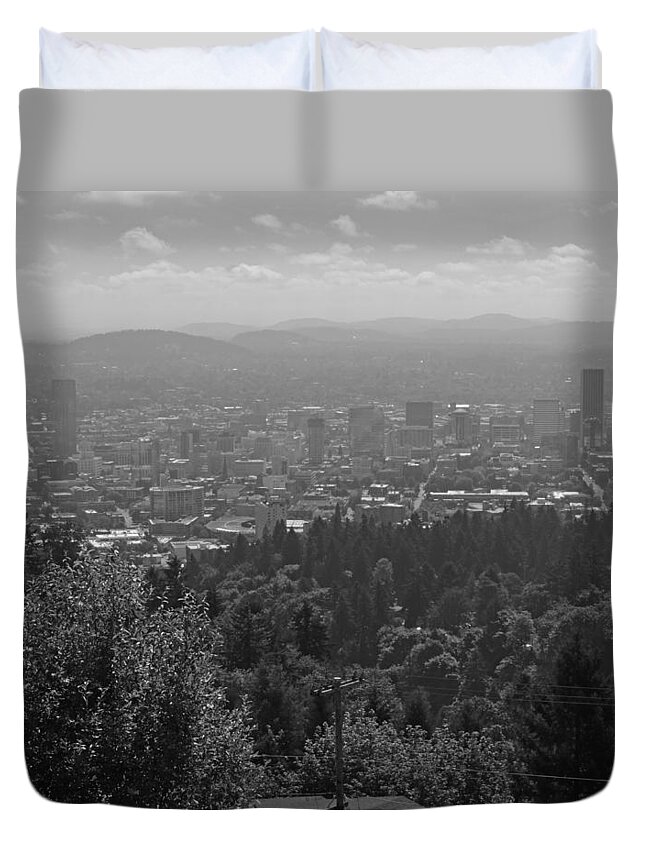 Portland Duvet Cover featuring the photograph Downtown Portland Black and White by Cityscape Photography