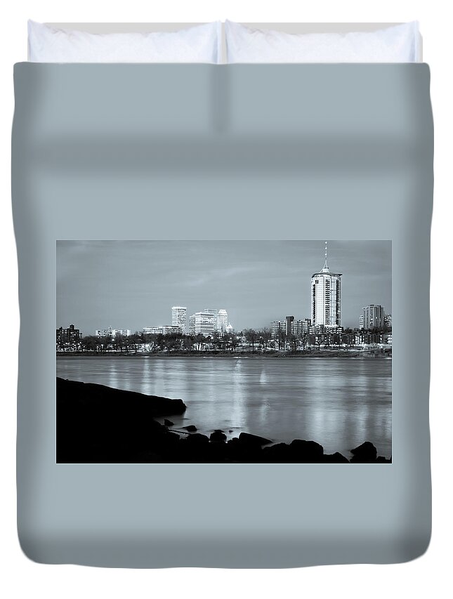 Tulsa Duvet Cover featuring the photograph Downtown Tulsa Oklahoma - University Tower View - Black and White by Gregory Ballos