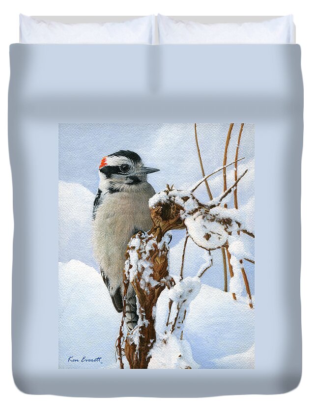 Downy Woodpecker Duvet Cover featuring the painting Downy Woodpecker by Ken Everett