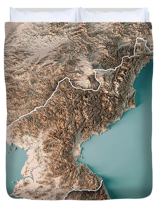 Dpr Korea Duvet Cover featuring the digital art DPR Korea 3D Render Topographic Map Neutral Border by Frank Ramspott