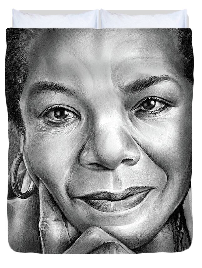 Maya Angelou Duvet Cover featuring the drawing Dr Maya Angelou by Greg Joens