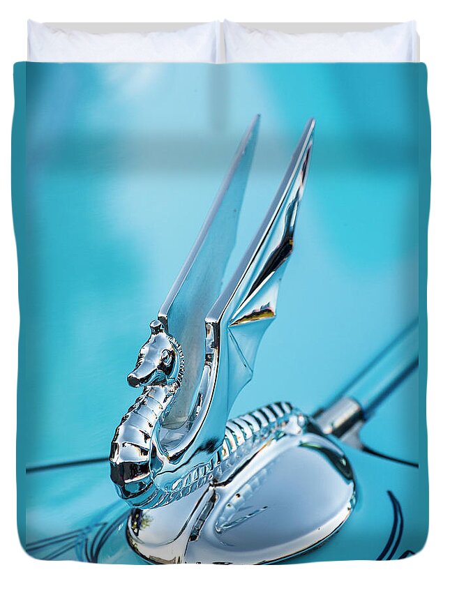Hood Ornament Duvet Cover featuring the photograph Flying Seahorse Hood Ornament - Classic Car by Gary Whitton