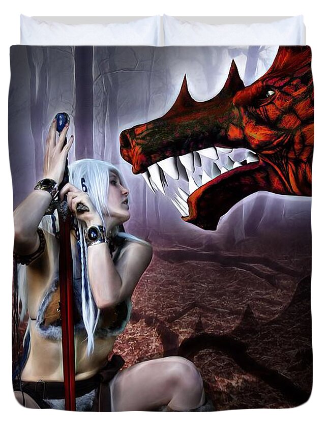 Fantasy Duvet Cover featuring the painting Dragon Whisperer by Jon Volden