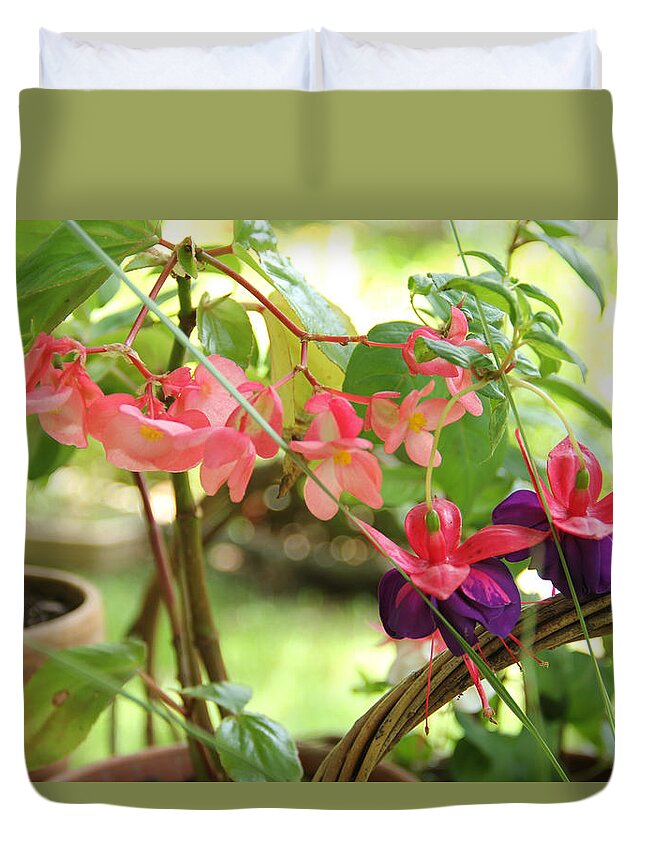 Flower Duvet Cover featuring the photograph Dragon Winged Begonia with Fuchsia by Allen Nice-Webb