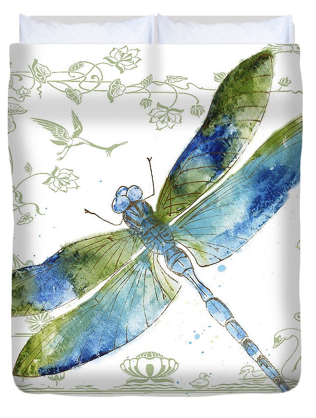 Jean Plout Duvet Cover featuring the painting Dragonfly Bliss-JP3444 by Jean Plout