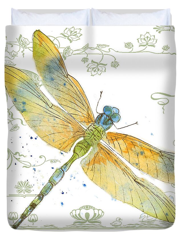 Jjean Plout Duvet Cover featuring the painting Dragonfly Bliss-JP3447 by Jean Plout