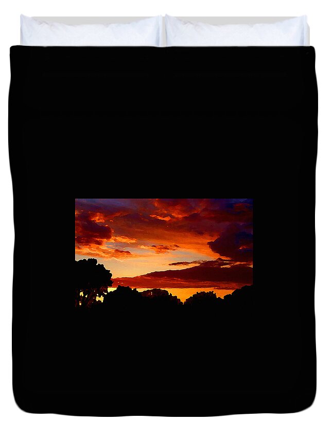 Sunset Duvet Cover featuring the mixed media Dramatic Orange Sundown in Oklahoma by Shelli Fitzpatrick