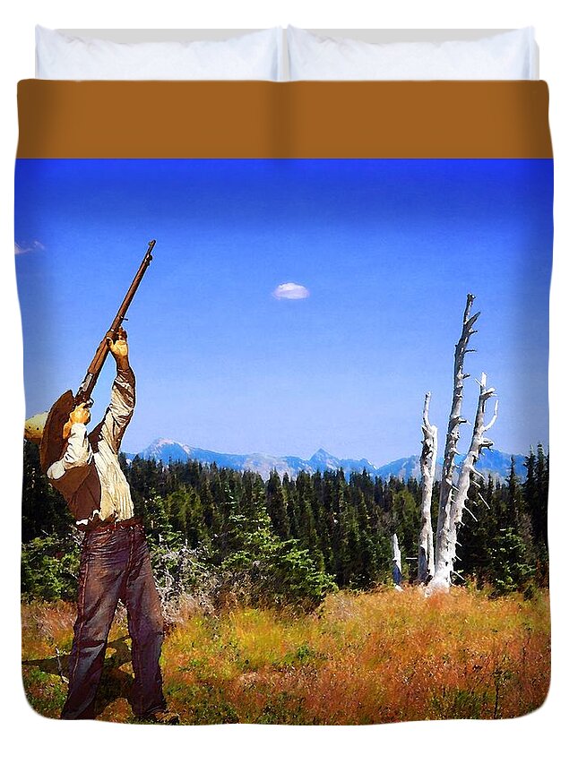Cowboy Duvet Cover featuring the photograph Drawin a Bead by Timothy Bulone