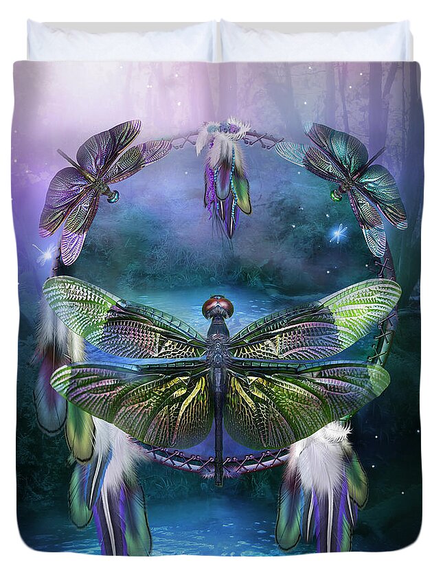 Carol Cavalaris Duvet Cover featuring the mixed media Dream Catcher - Spirit Of The Dragonfly by Carol Cavalaris