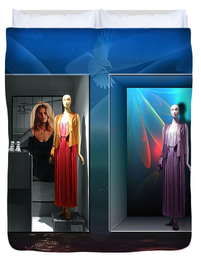 Square Womanhood Mannequins Shopwindows Fashion Blue Water Duvet Cover featuring the digital art Dreaming the Dream by Rosa Cobos