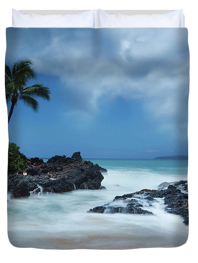 Secret Beach Seascape Ocean Palmtrees Maui Hawaii Long Exposure Duvet Cover featuring the photograph Dreamland by James Roemmling