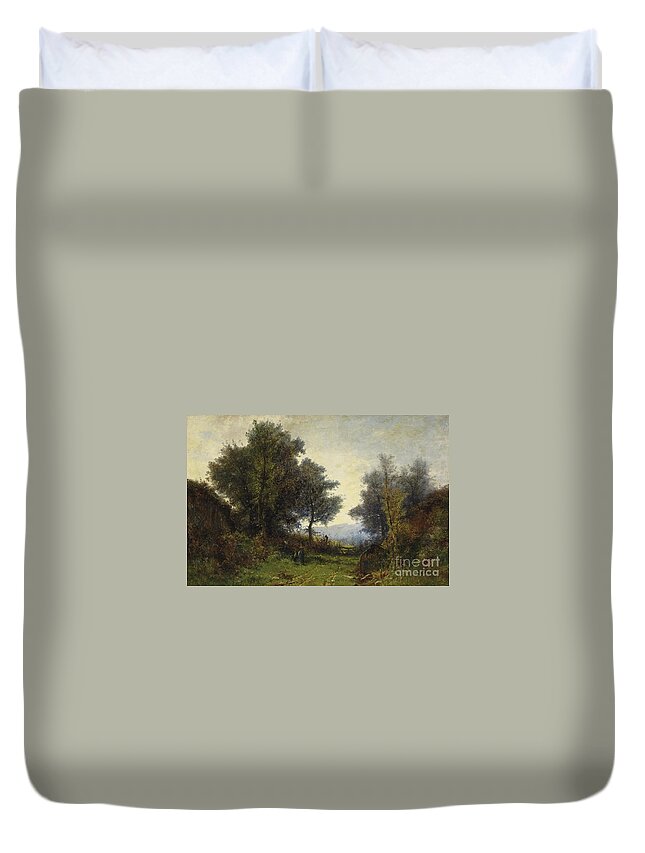 Gustave Castan (1823-1892) Drei Kinder Auf Feldweg Duvet Cover featuring the painting Drei Kinder auf Feldweg by MotionAge Designs