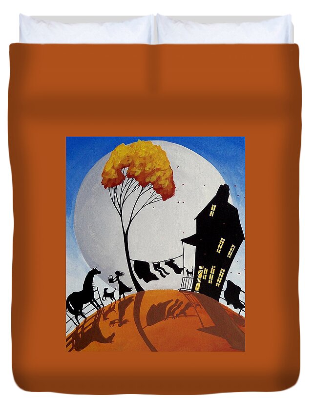 Landscape Duvet Cover featuring the painting Drink Of Water - silhouette farm landscape by Debbie Criswell