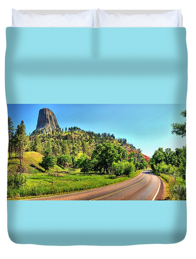 Devils Tower Duvet Cover featuring the photograph Driving Past Devils Tower by Adam Jewell