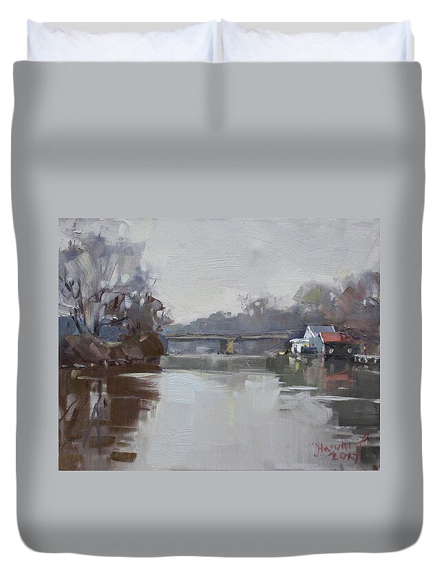 Drizzling Duvet Cover featuring the painting Drizzling at Tonawanda Canal by Ylli Haruni