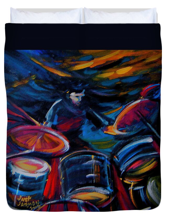 Drummer Duvet Cover featuring the painting Drummer Craze by Jeanette Jarmon