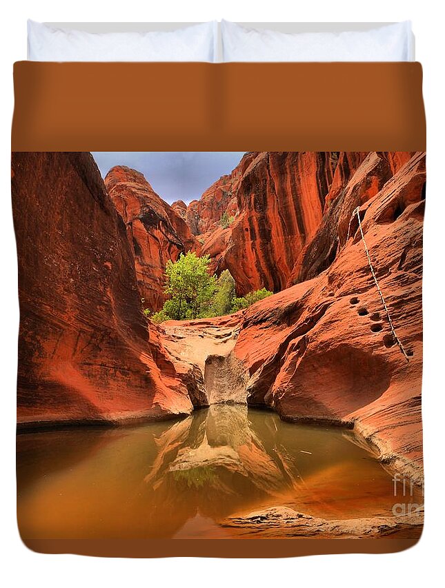 Red Cliffs Duvet Cover featuring the photograph Dry Fall Reflections by Adam Jewell