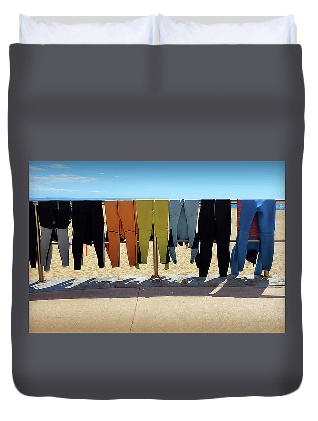 Adventure Duvet Cover featuring the photograph Drying Wet Suits by Carlos Caetano