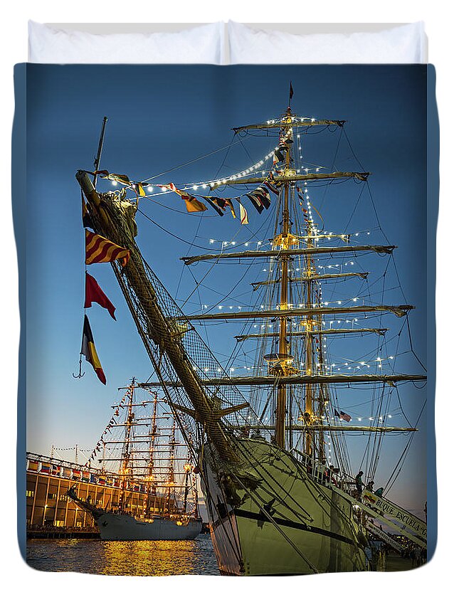 Boston Duvet Cover featuring the photograph Dual Boston Tall Ships at Night Boston MA by Toby McGuire