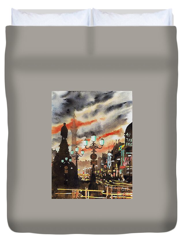 Val Byrne Duvet Cover featuring the painting DUBLIN... The Ghost of Nelson by Val Byrne