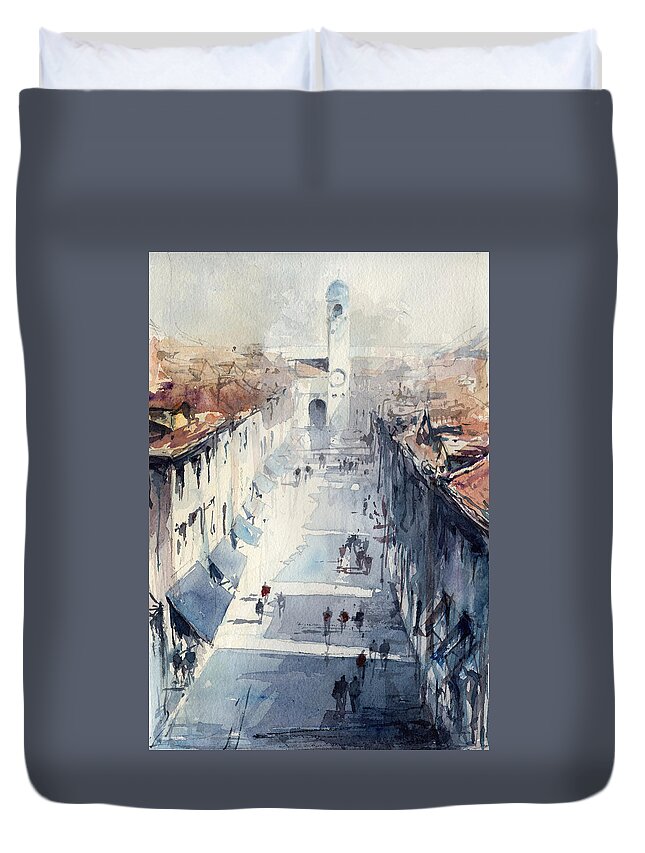 Dubrovnik Duvet Cover featuring the painting Dubrovnik Stradun by Tony Belobrajdic