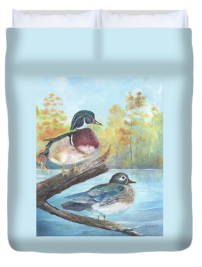 Duck Duvet Cover featuring the painting Wood Ducks by ML McCormick