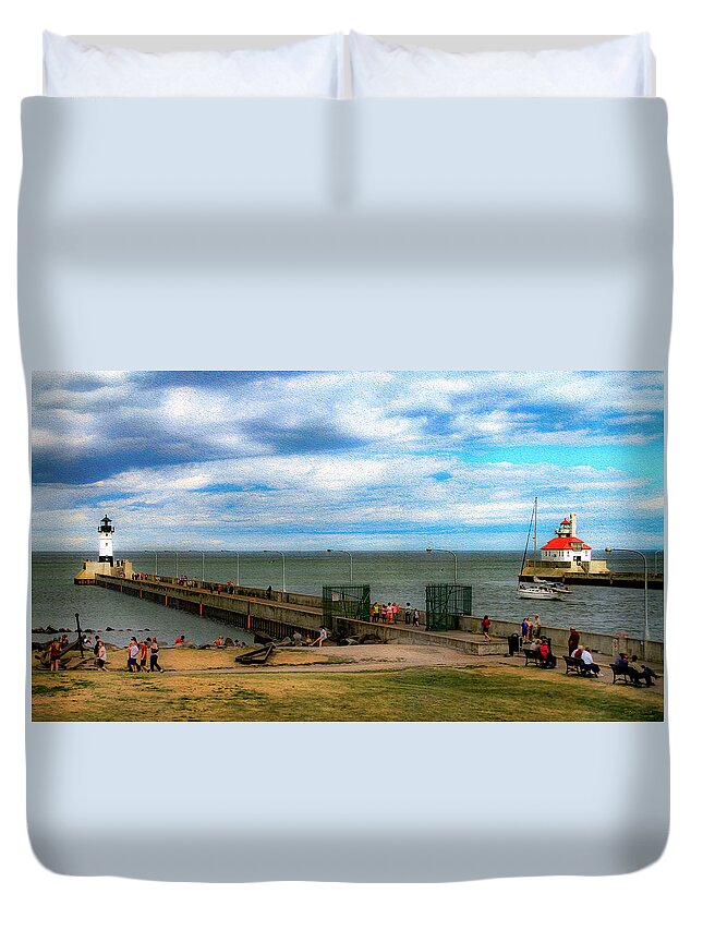 Bonnie Follett Duvet Cover featuring the photograph Duluth Canal Park Lighthouses by Bonnie Follett