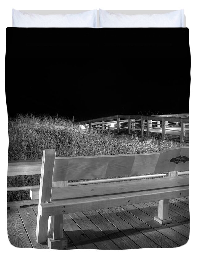 Boardwalk Duvet Cover featuring the photograph Dune Bench At Night in Black and White by Greg and Chrystal Mimbs