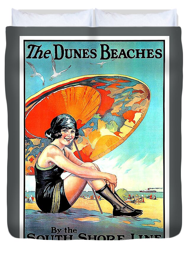 Dunes Beaches Duvet Cover featuring the painting Dunes beaches, young woman in swimsuit by Long Shot