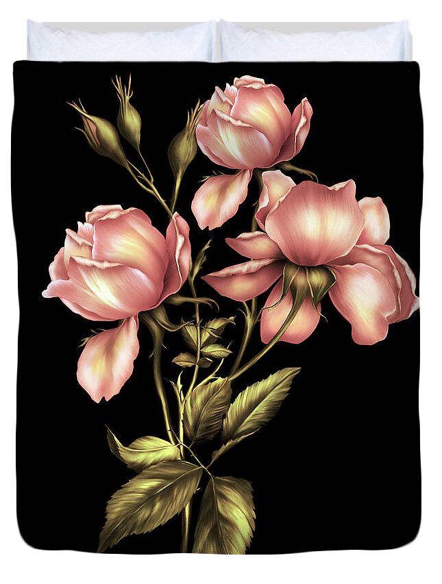 Dusky Peach Roses On Black Duvet Cover featuring the digital art Dusky Peach Roses On Black by Georgiana Romanovna