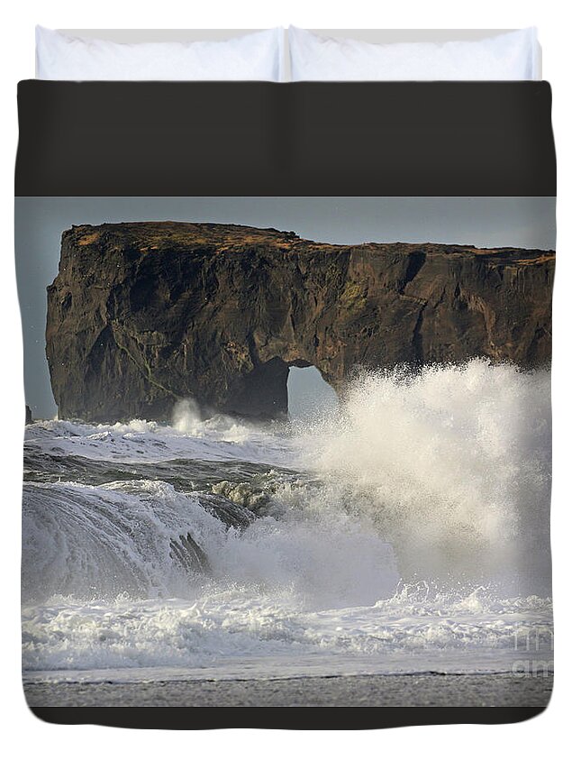 Dyrholaey Arch Duvet Cover featuring the photograph Dyrholaey Arch from Reynisfjara Beach 6858 by Jack Schultz